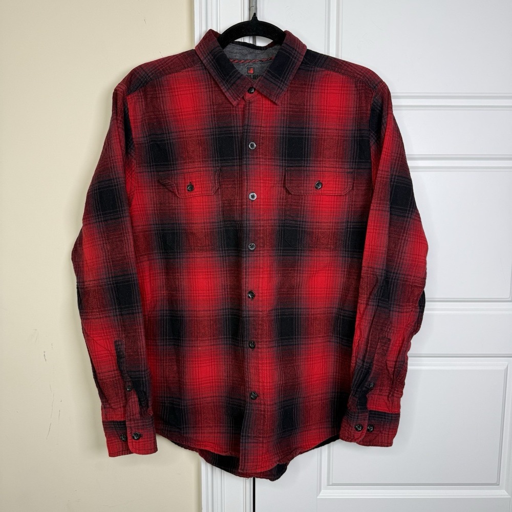 Vintage Woolrich Flannel Shirt Men's Large Red Black Plaid Work Pockets Cotton - Picture 2 of 8